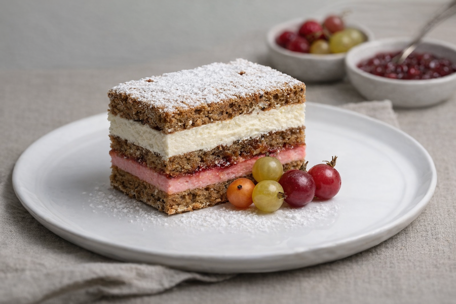 Tynnelsöruta – klassiskt svenskt bakverk i rutform med lager av sockerkaka, bärkräm och vispad grädde, serverad med krusbär på vitt fat.